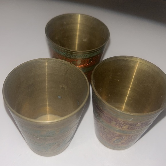 3 Vintage Brass Etched Hand Painted Shot Glass Made in India Circa WWII VTG GUC - Picture 12 of 14